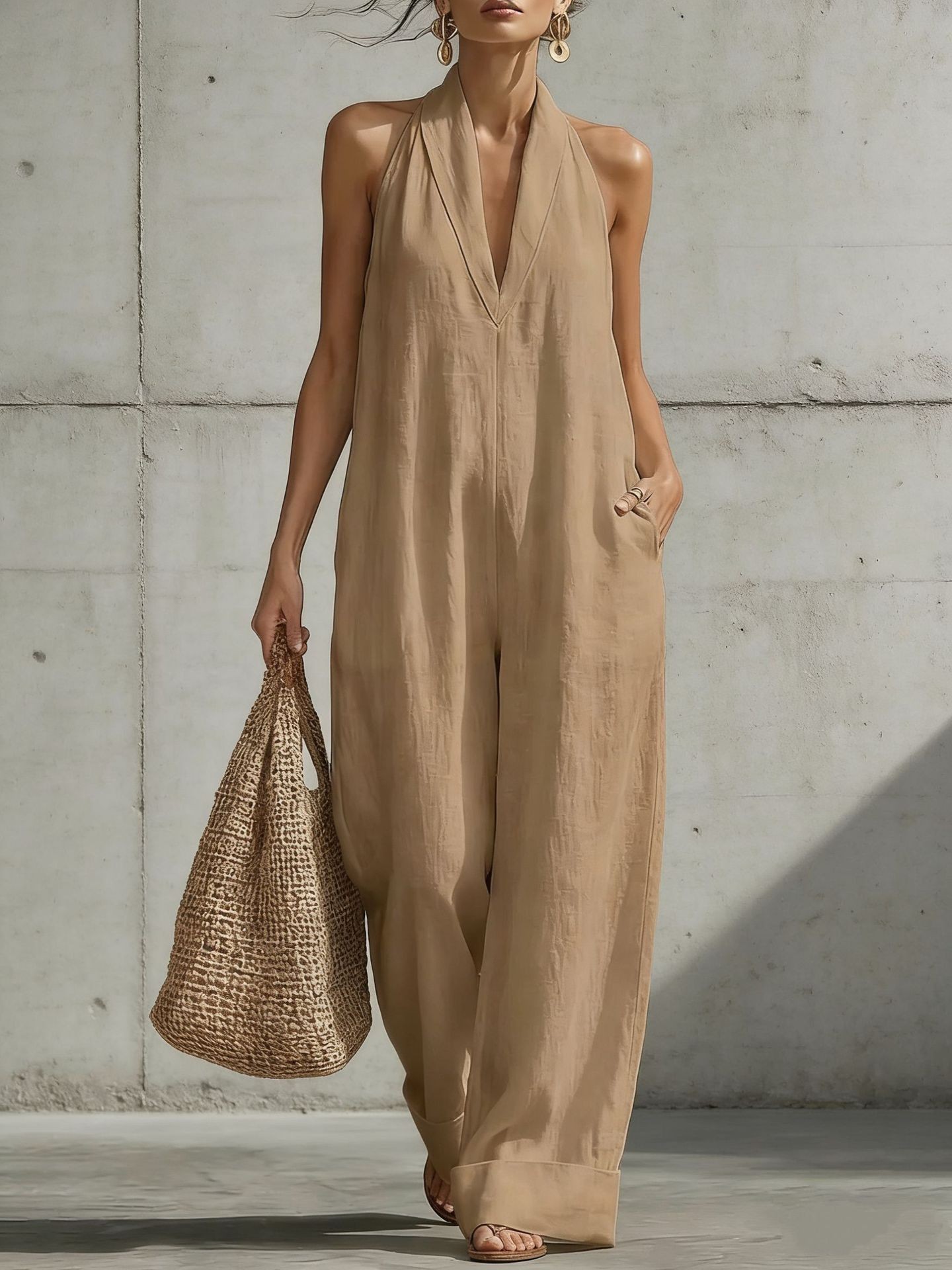 Women's Sleeveless Halter Wide-Leg Jumpsuit Solid Color Linen-Blend Long Pants
