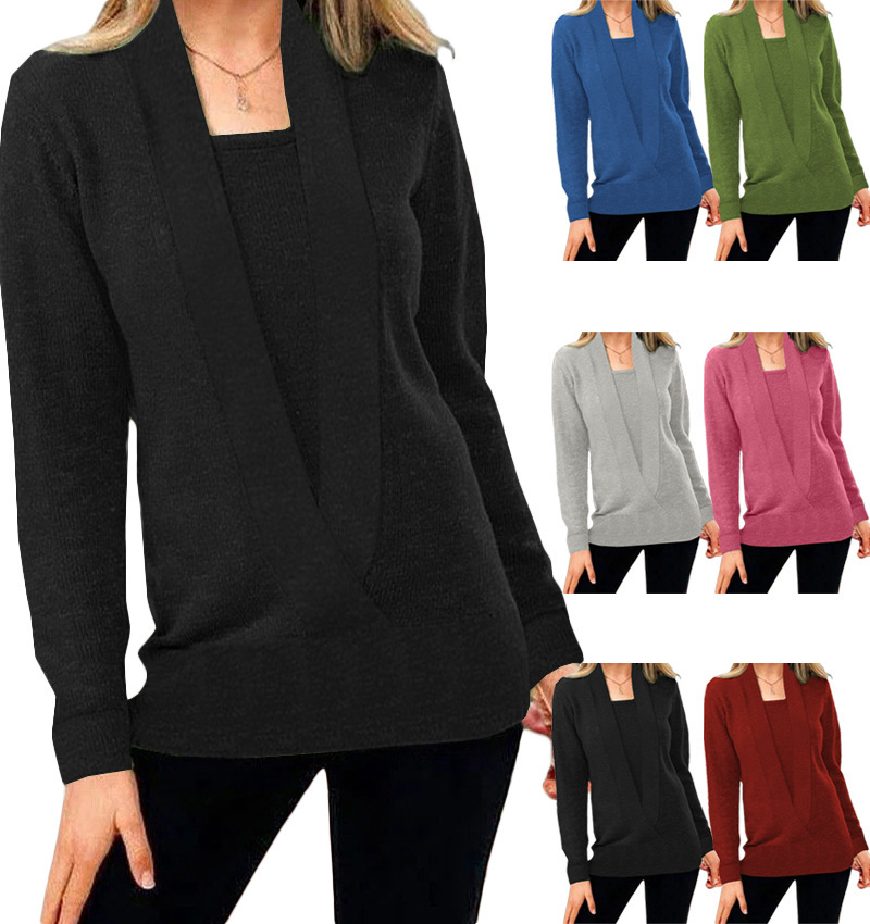 Women's Knit Colorblock Deep V-Neck Long Sleeve Sweater Top