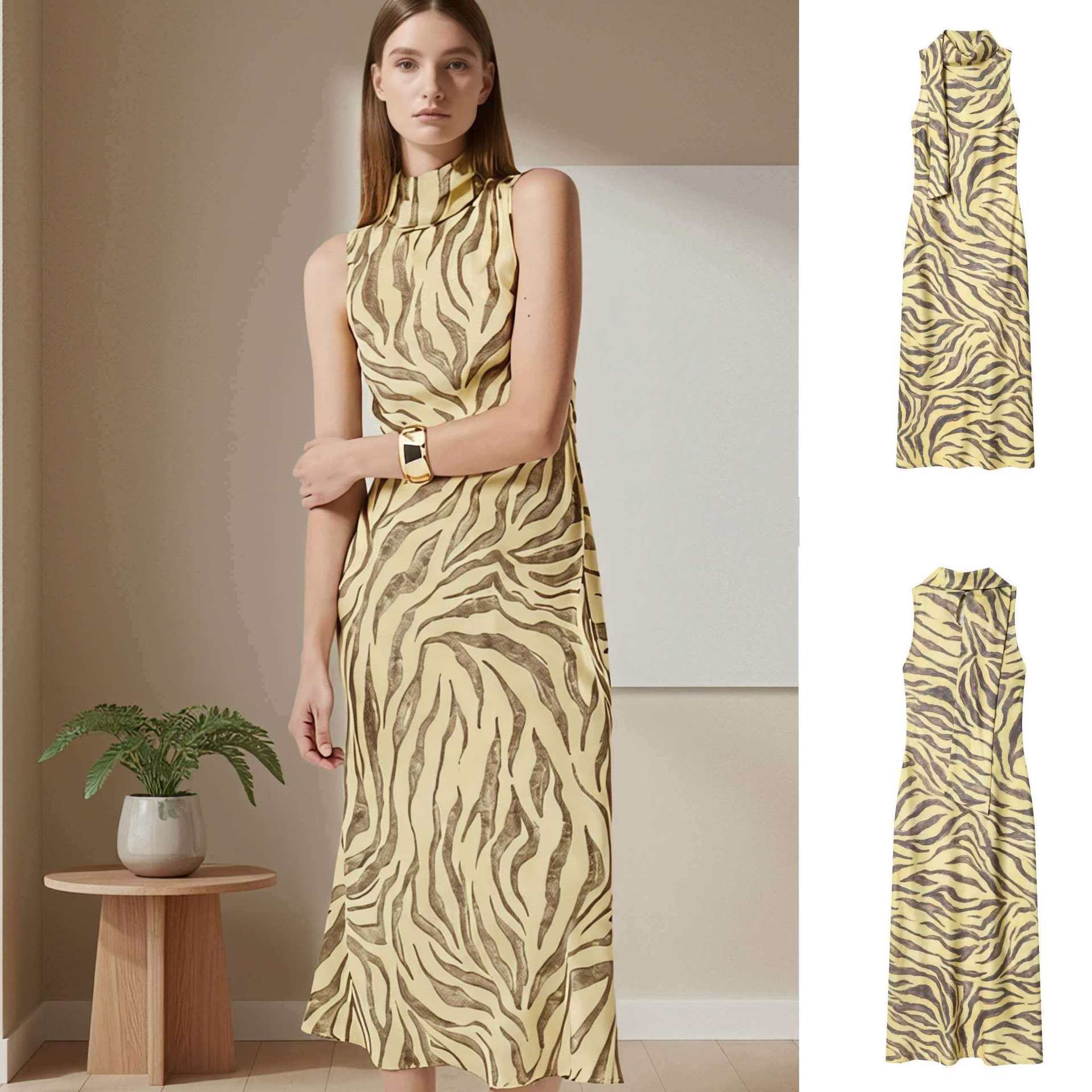 Elegant Sleeveless Scarf-Neck Zebra Print Bodycon Dress