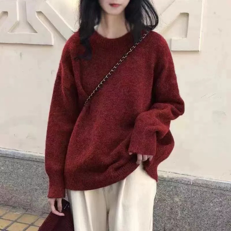 Women's Crewneck Solid Color Loose Knit Pullover Sweater