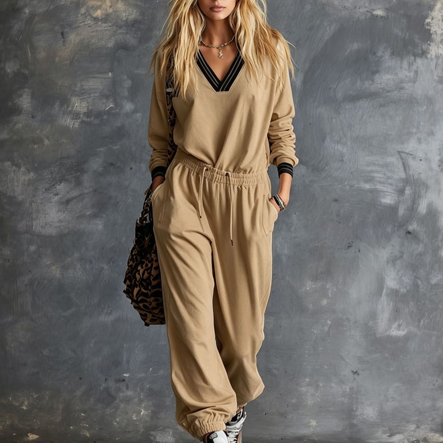 Women's V-Neck Long Sleeve Top and Drawstring Pants Two-Piece Set