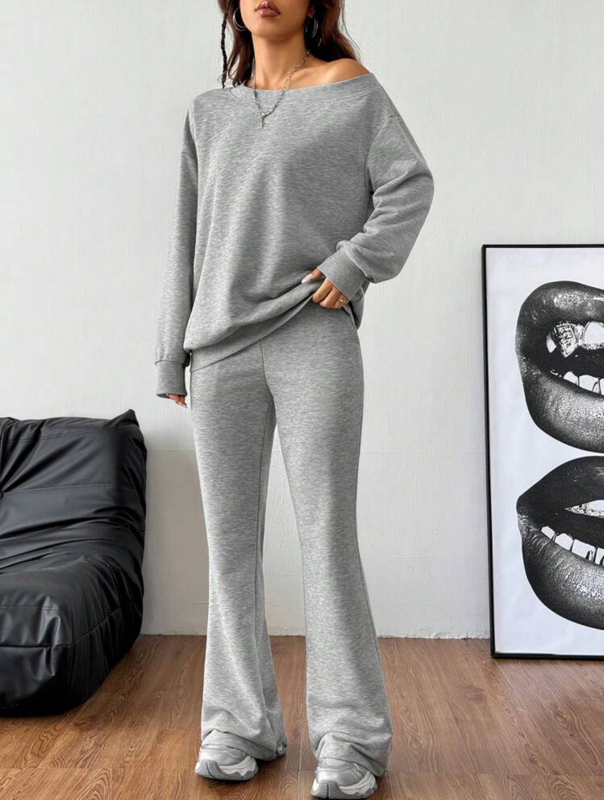 Off-Shoulder Lounge Two-Piece Set with Loose Sweatshirt and Flared Pants