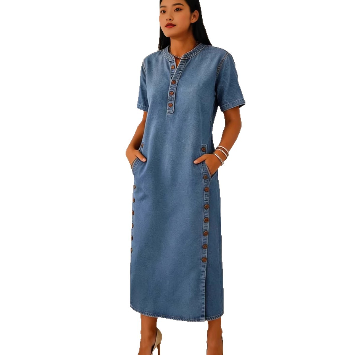 Elegant Short Sleeve Multi-Button Denim Dress