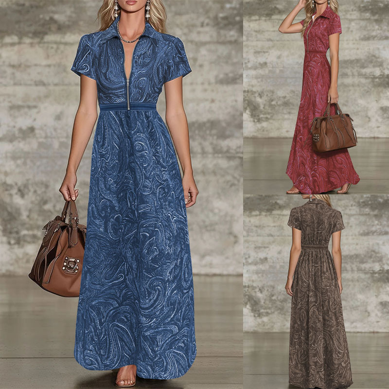 Retro Paisley Print Collared A-Line Midi Dress