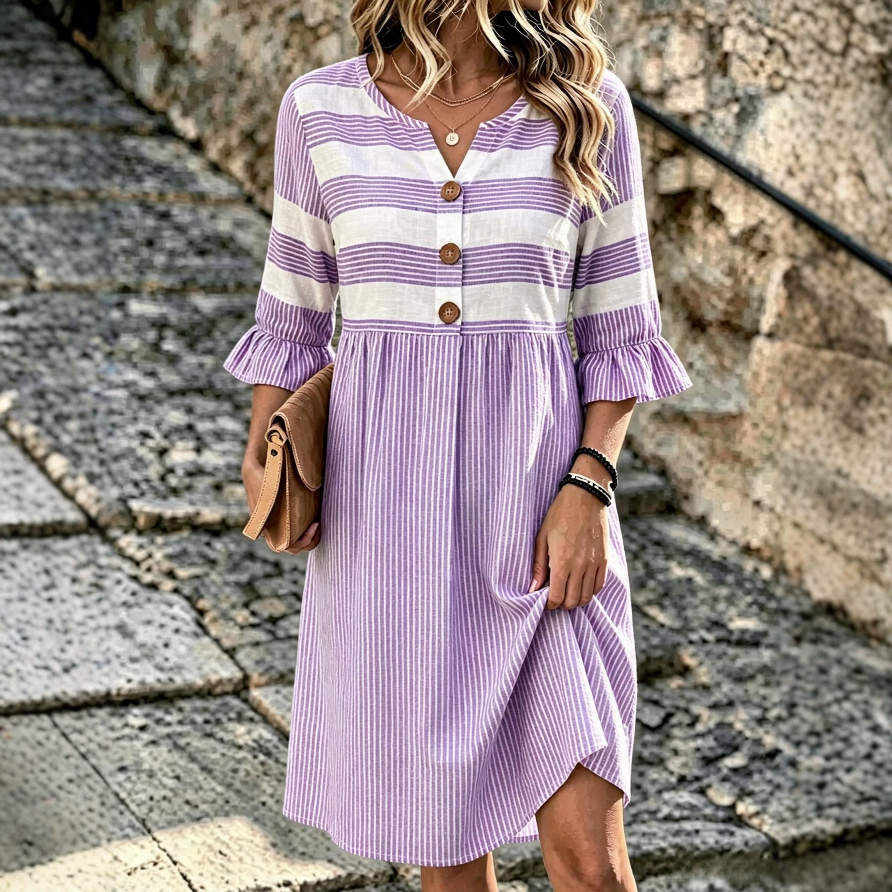 Women's Floral Striped Print Casual Dress with Deep V-Neck and Five-Quarter Sleeves