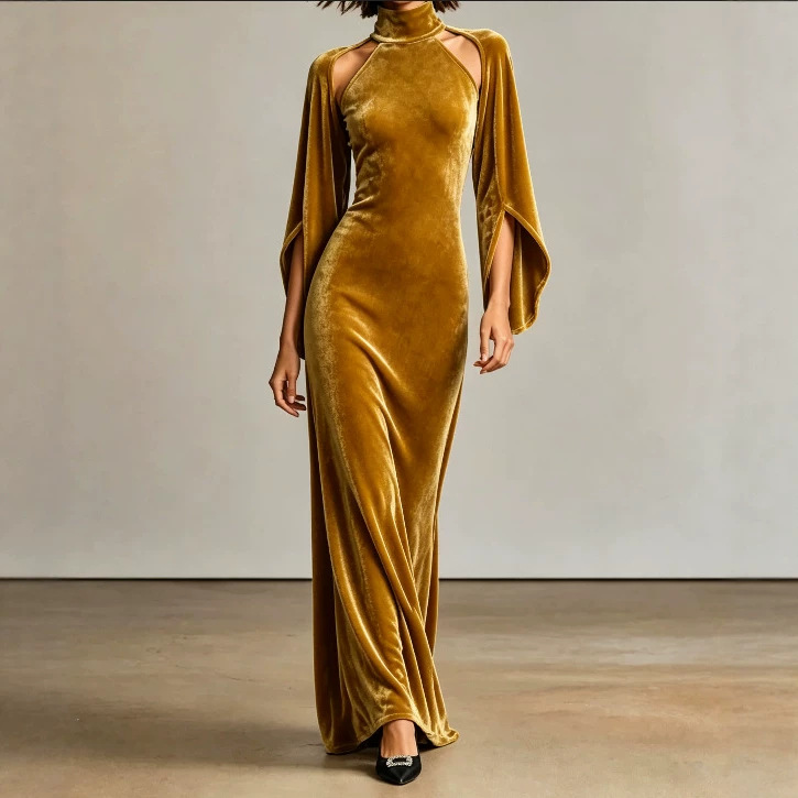Women's Velvet Bell Sleeve Cutout High Neck Long Evening Dress