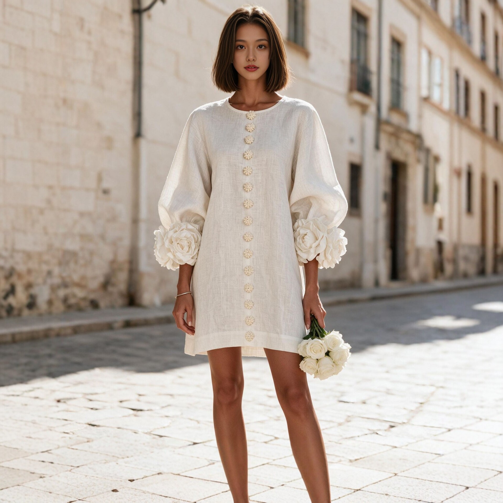 French 3D Floral Lantern Sleeve Dress