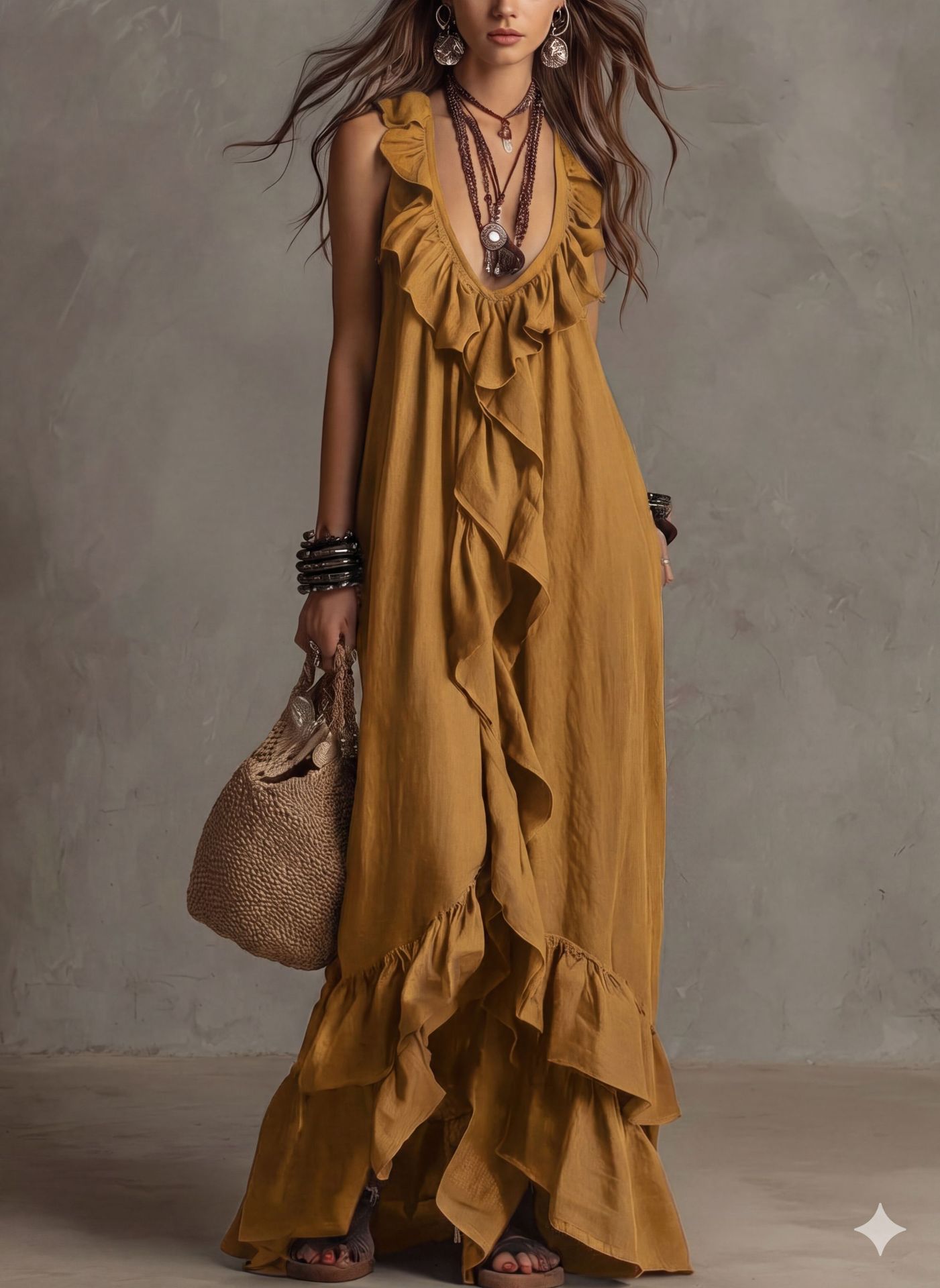 Boho V-Neck Ruffle Short Sleeve A-Line Midi Dress