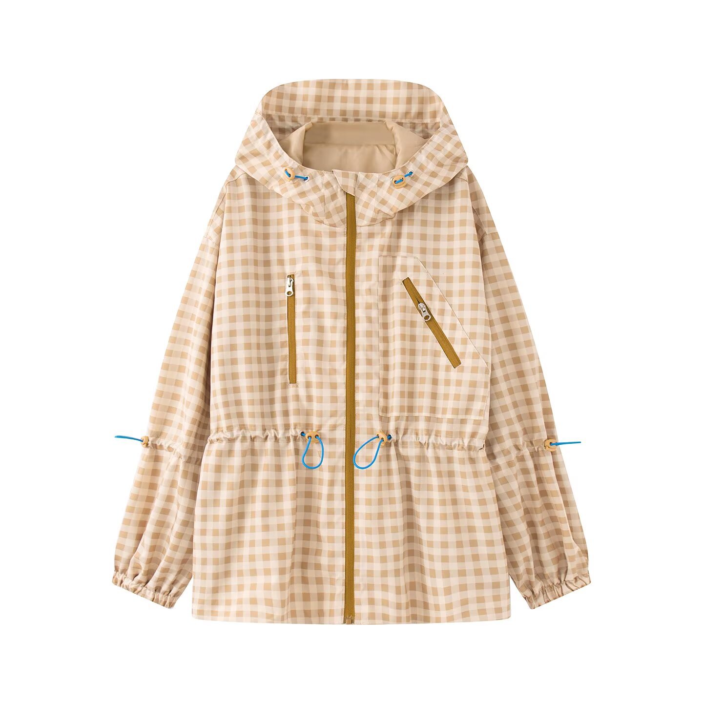 Women's Hooded Plaid Zip Jacket Mid-Length