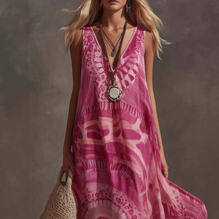 Flowy Vintage Floral Print Pink Chiffon Long Dress