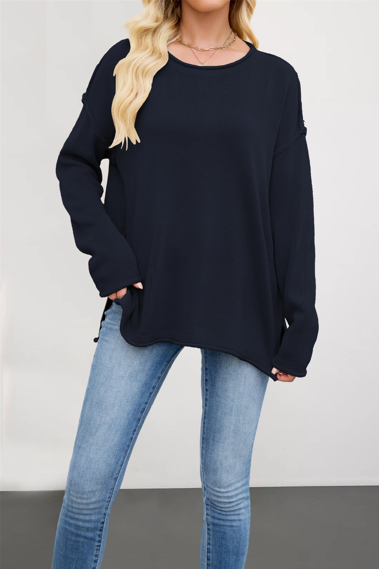 Women's Solid Crewneck Knit Pullover Sweater Loose Fit