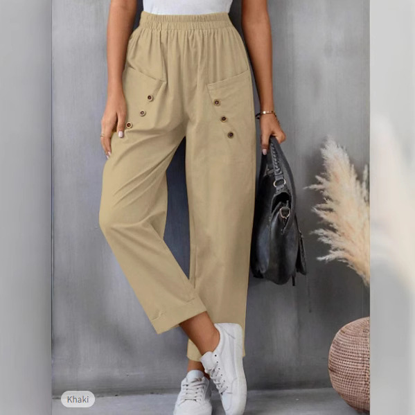 Women's Cotton-Linen Harem Pants Solid Color Elastic Waist Pockets