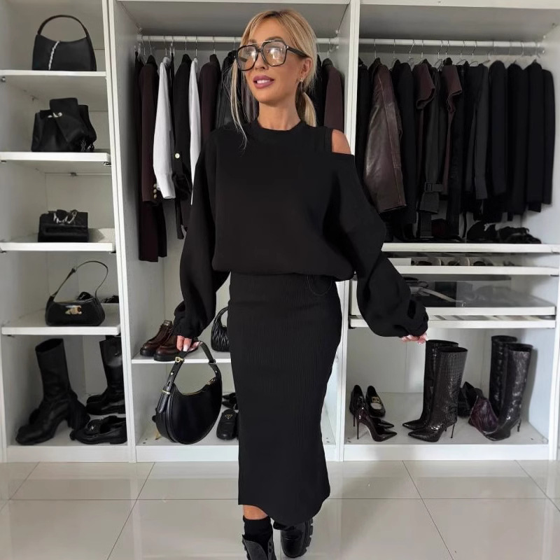 Women's Loose Off-Shoulder Batwing Sleeve Crop Hoodie and Midi Skirt Set