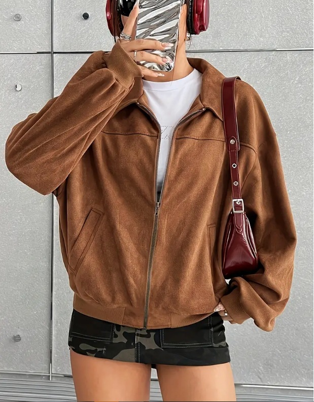 Women's Faux Suede Zip-Up Collared Jacket