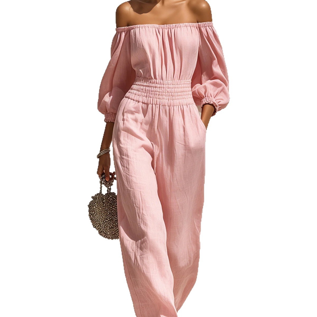 Women's Off-Shoulder Long Sleeve Wide Leg Jumpsuit with Elastic Waist