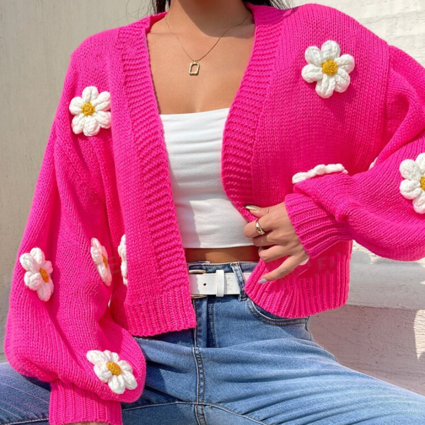 Women's 3D Floral Cardigan Sweater Short Loose Knit V-Neck