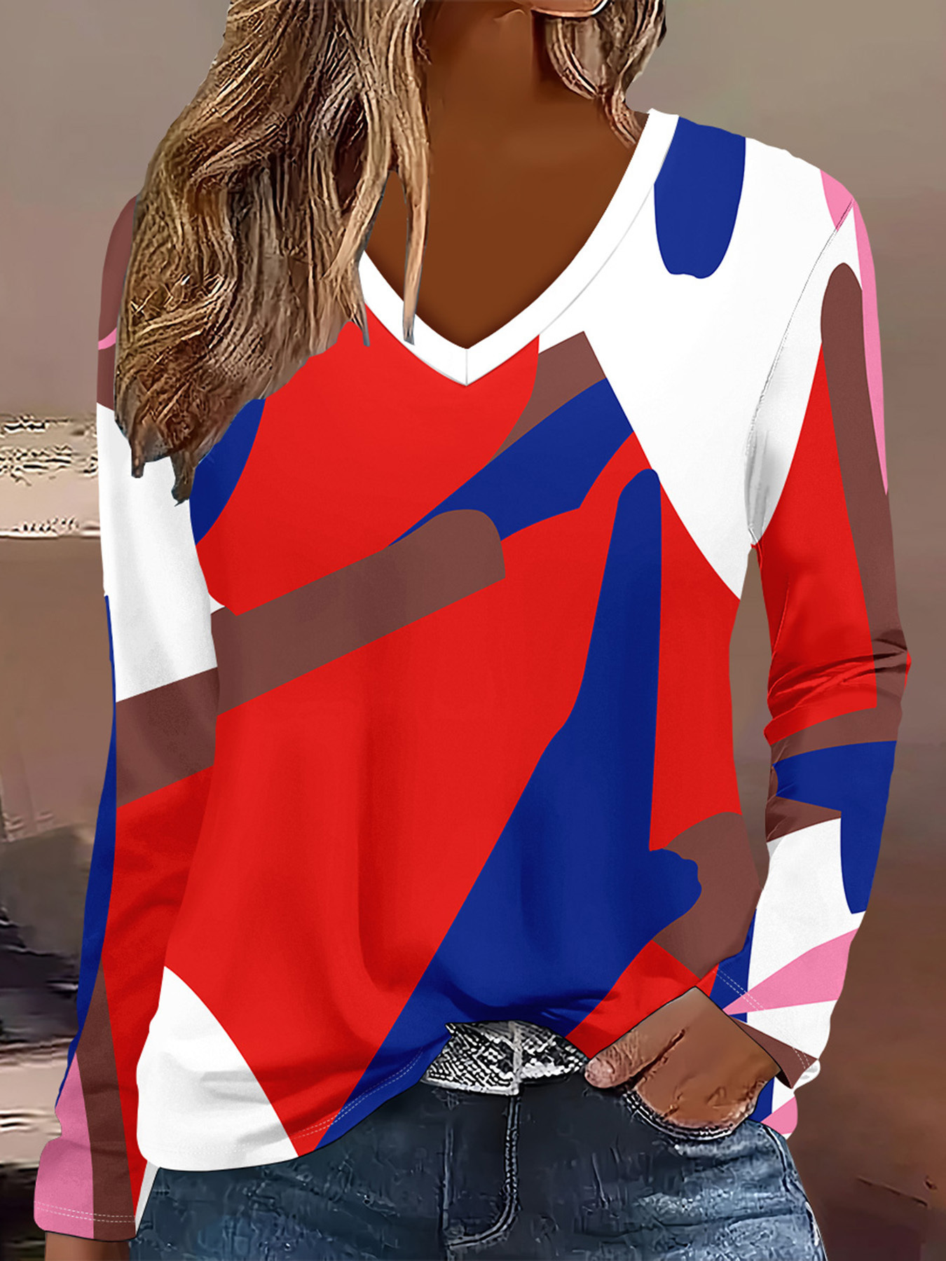 Bohemian Floral V-Neck Long-Sleeve Loose Casual T-Shirt