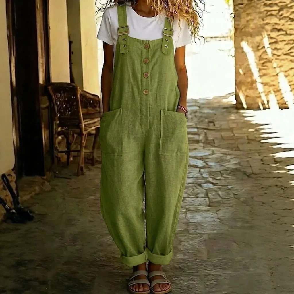 Women's Cotton-Linen Solid Color Straight-Leg Overalls with Pockets