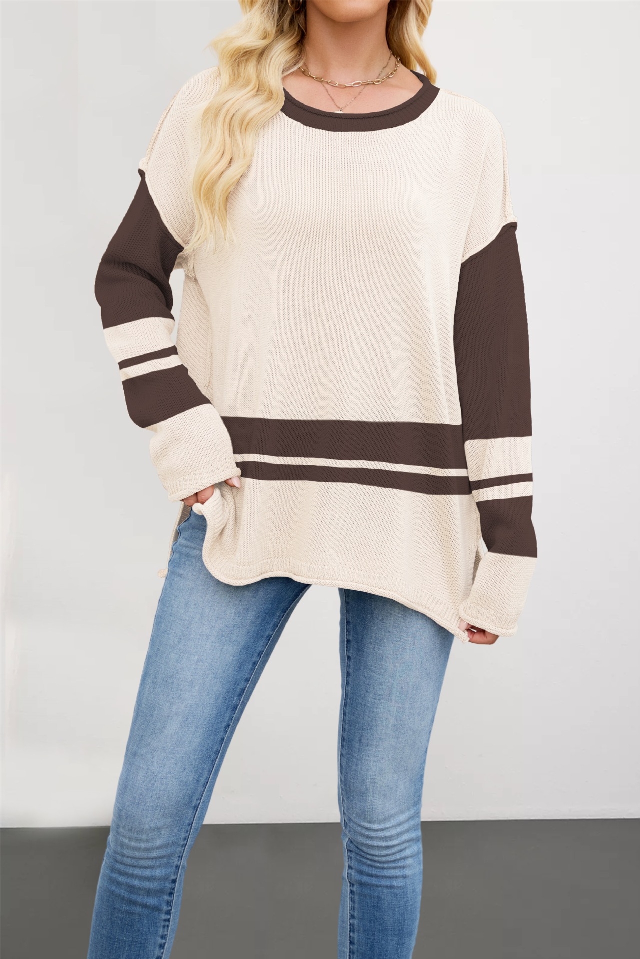 Color-Block Crewneck Knit Sweater, Loose Fit Pullover