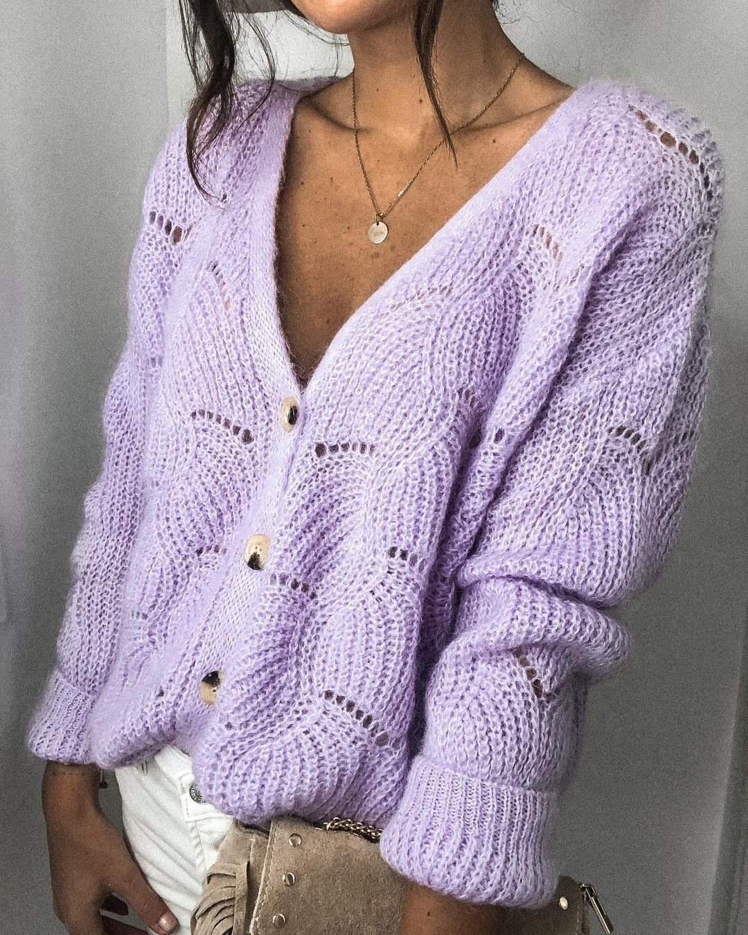 Purple Button-Front Knit Cardigan, Mid-Length Crew Neck