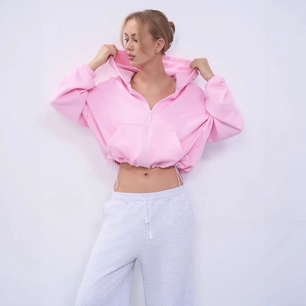 Women's Solid Color Hooded Zip-Up Waist-Cinched Cropped Jacket