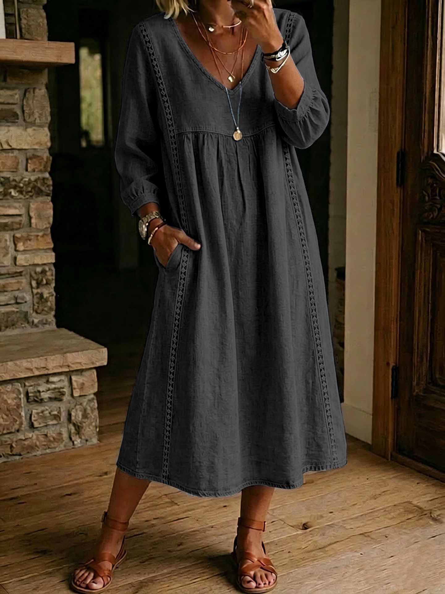 Solid V-Neck Lace-Trim A-Line Midi Dress