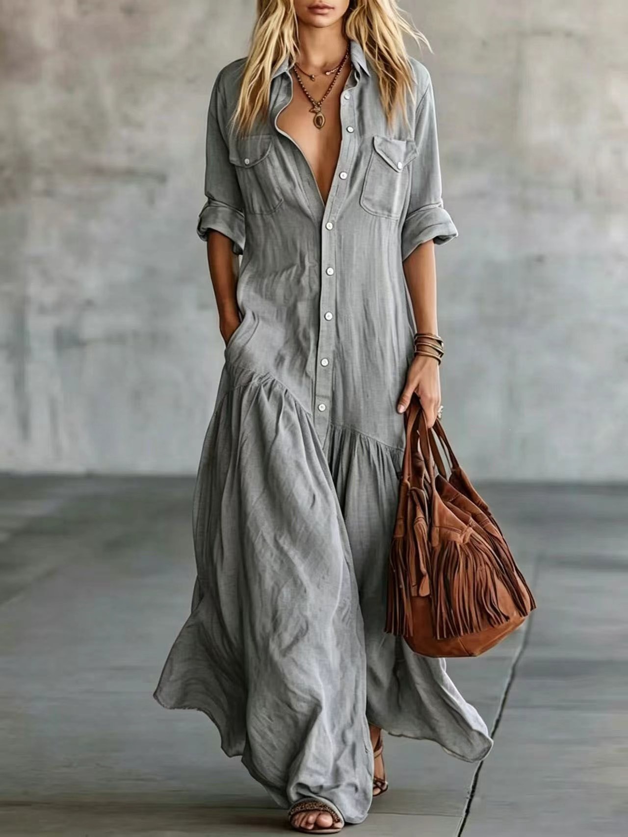 Long Button-Front Shirt Collar Dress with Patch Pockets