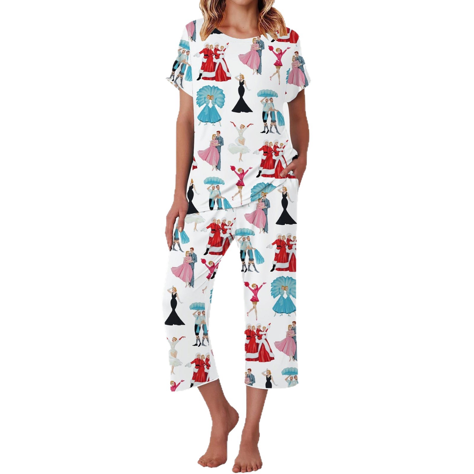 Women's Summer Portrait Print Loungewear Set Short Sleeve Top & Pants