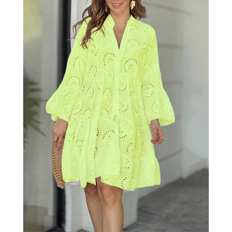 Solid V-Neck Embroidered Eyelet Lace A-Line Midi Dress