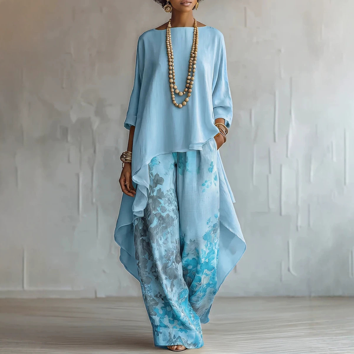Women's Solid Color Top & Wide-Leg Pants Two-Piece Set
