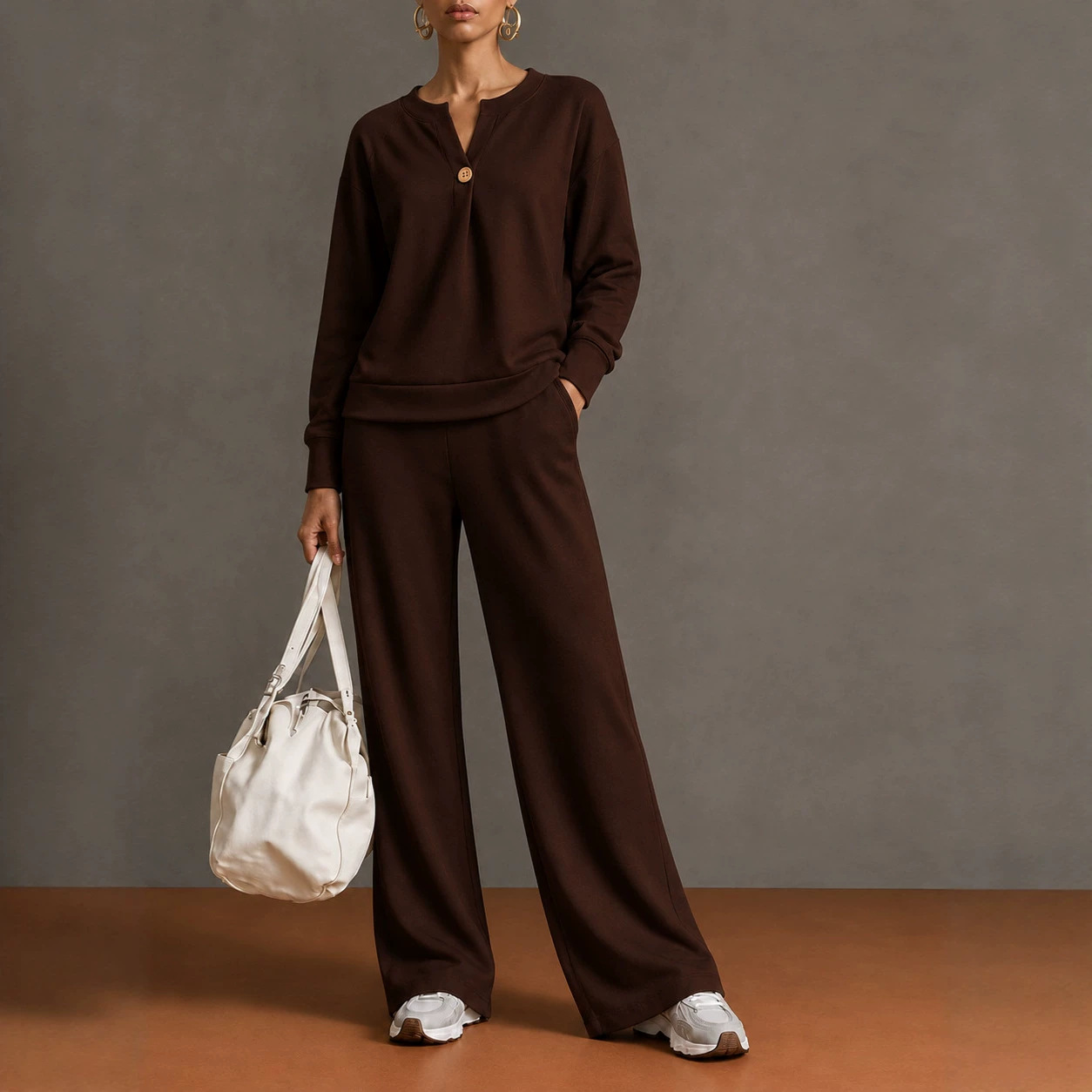 Women's Two-Piece Sweatshirt & Drawstring Wide-Leg Pants Set
