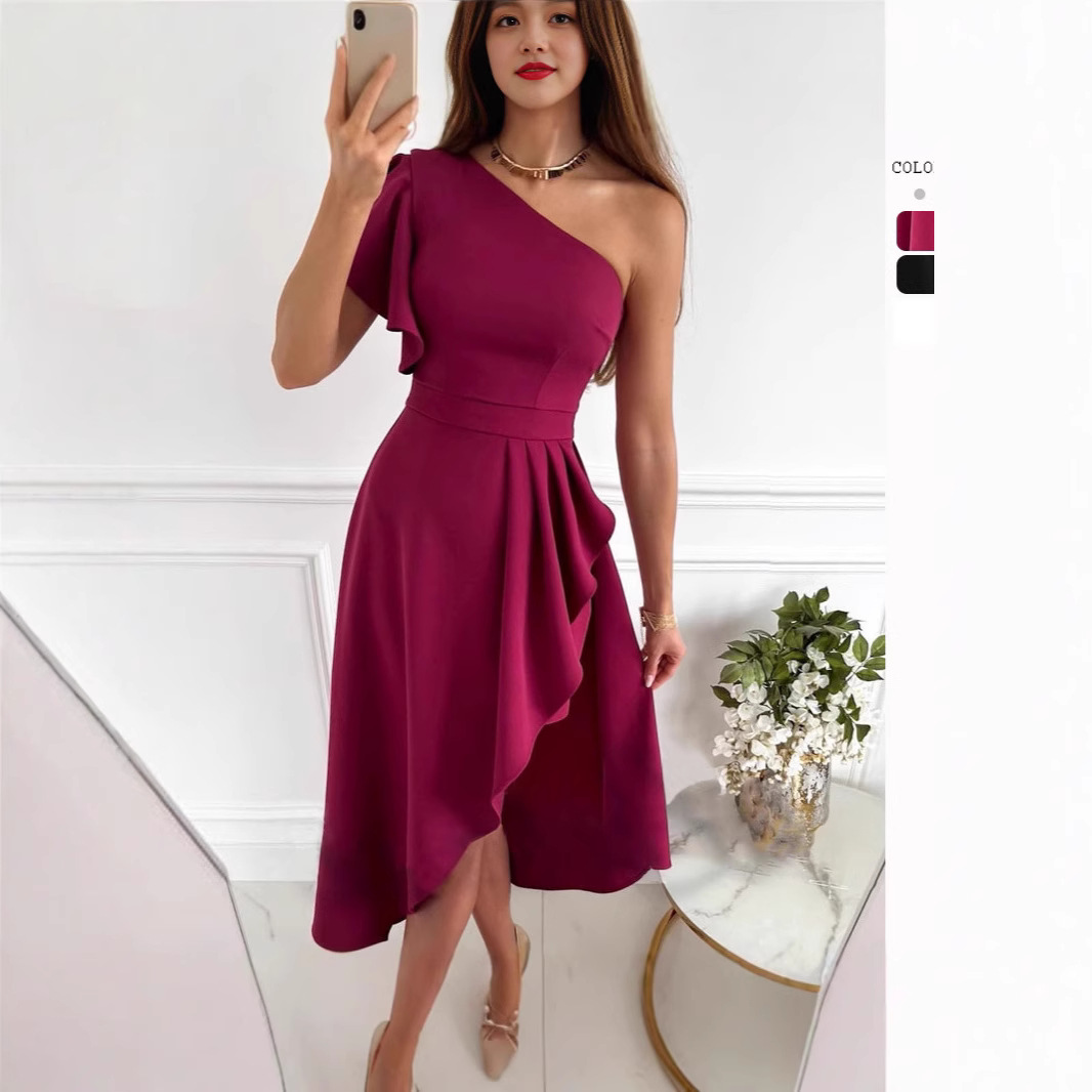 Solid One-Shoulder Bodycon Midi Dress with Asymmetrical Hem
