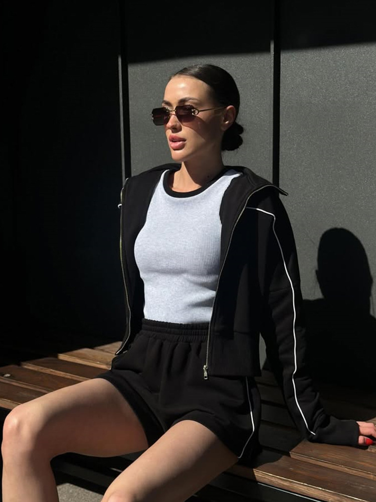 Striped Two-Piece Lounge Set with Long Sleeve Zip-Up Collared Top and Elastic Waist Shorts