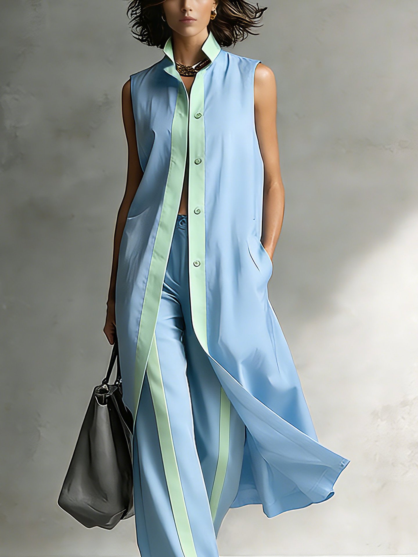 Colorblock Sleeveless Vest Cardigan & Pants Set