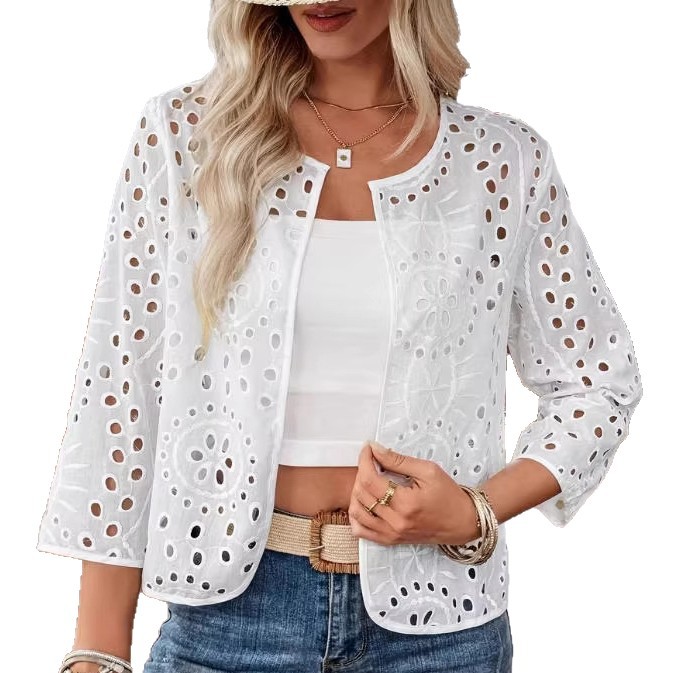 Women's Solid Color Open-Front Cardigan Jacket with Hollow-Out Embroidery