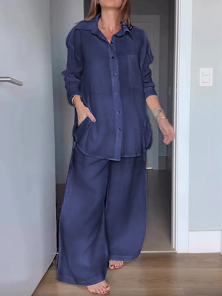 Women's Casual Linen-Blend Shirt and Pants Set with Colorblock Detail