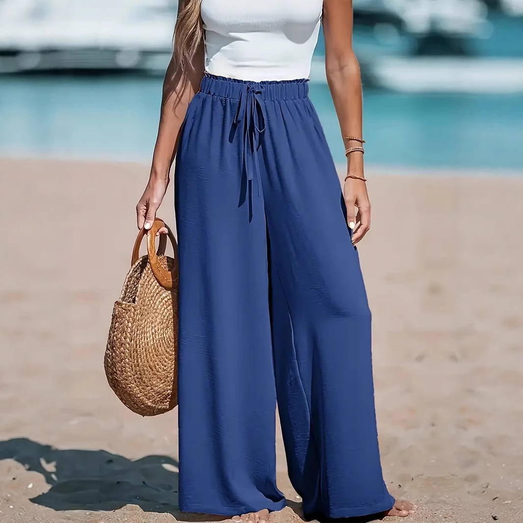 Women's Wide-Leg Polyester Casual Solid Color Long Pants