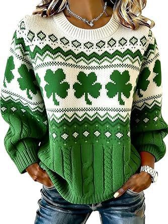 Women's Clover Print Crewneck Sweatshirt Casual Pullover