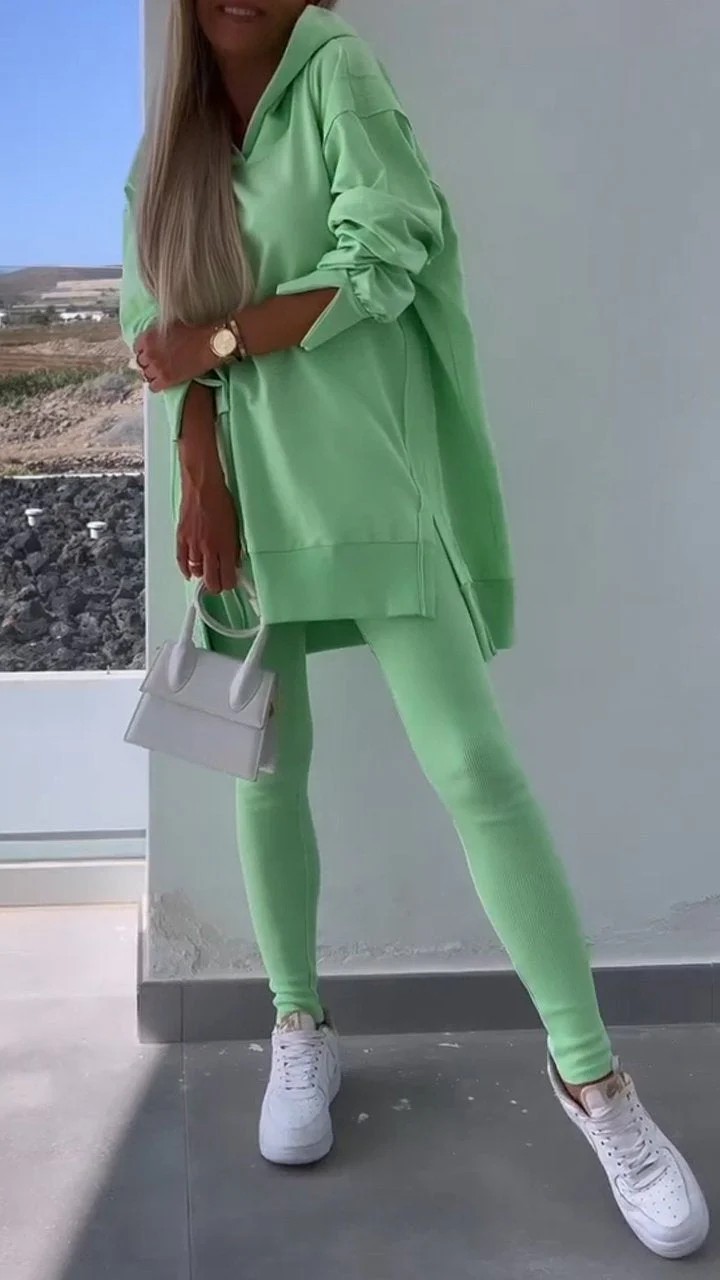 Women's Casual Hooded Split Top and Leggings Two-Piece Set