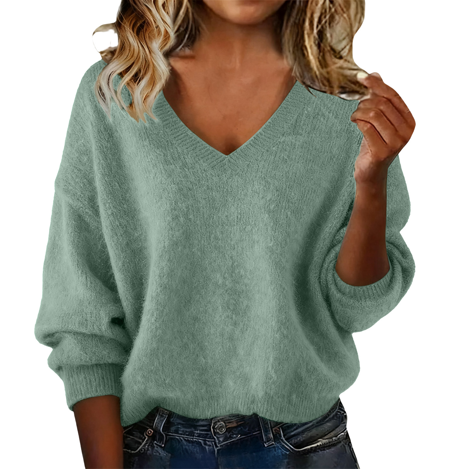 Women's Loose Knit V-Neck Sweater Solid Color Long Sleeve Pullover