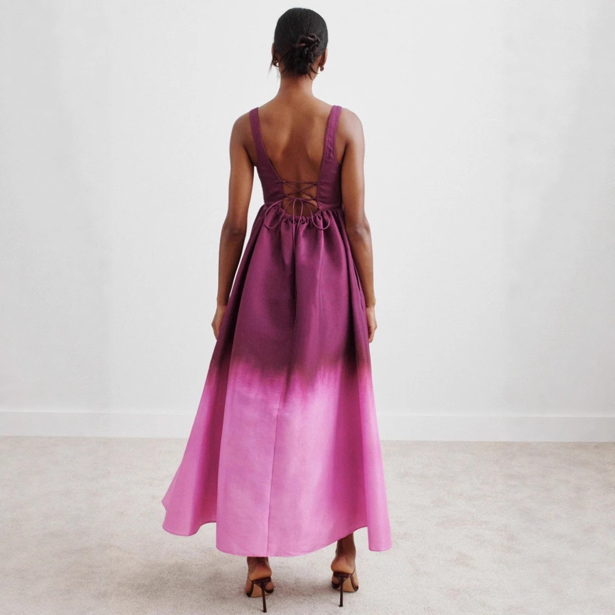 Gradient Sleeveless Lace-Up Backless Maxi Dress
