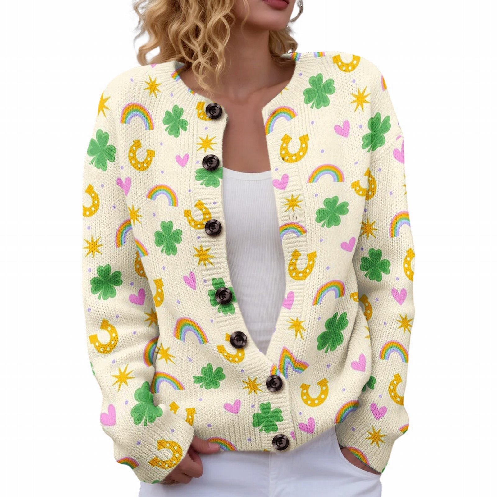 Women's Four-Leaf Clover Print Button Cardigan Sweater