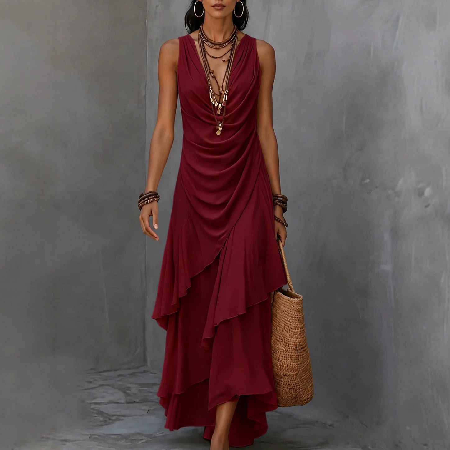 Sleeveless V-Neck Chiffon Dress with Ruffle Asymmetrical Hem