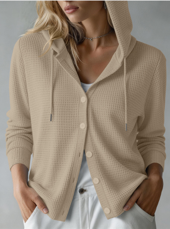 Waffle Knit Hooded Button-Front Cardigan