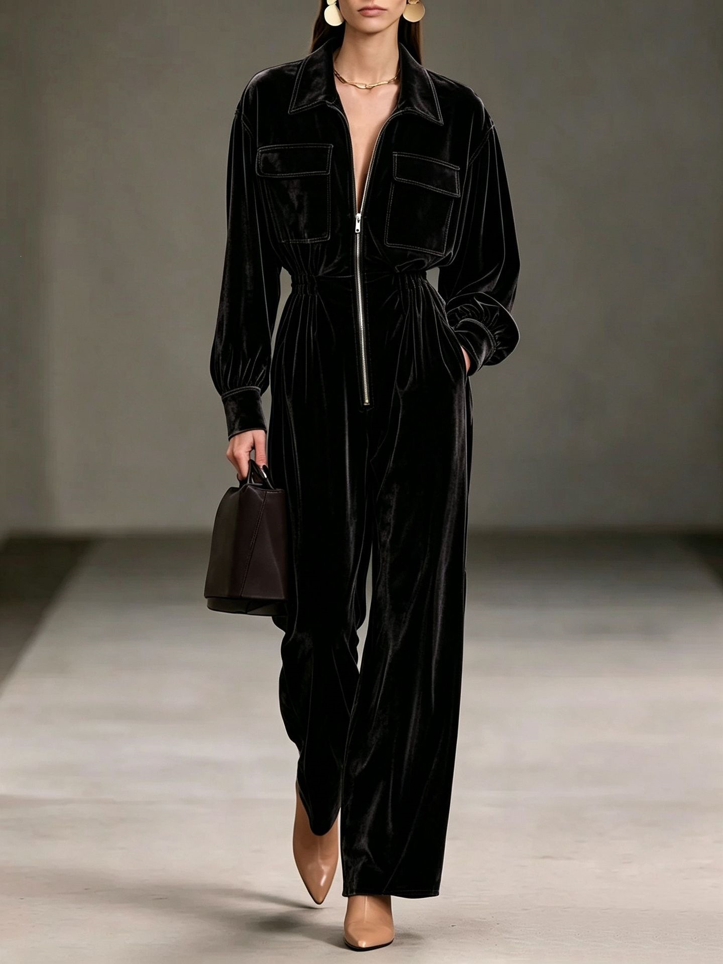 Gold Velvet Jumpsuit with Collar, Lantern Sleeves, Elastic Waist, Wide Leg