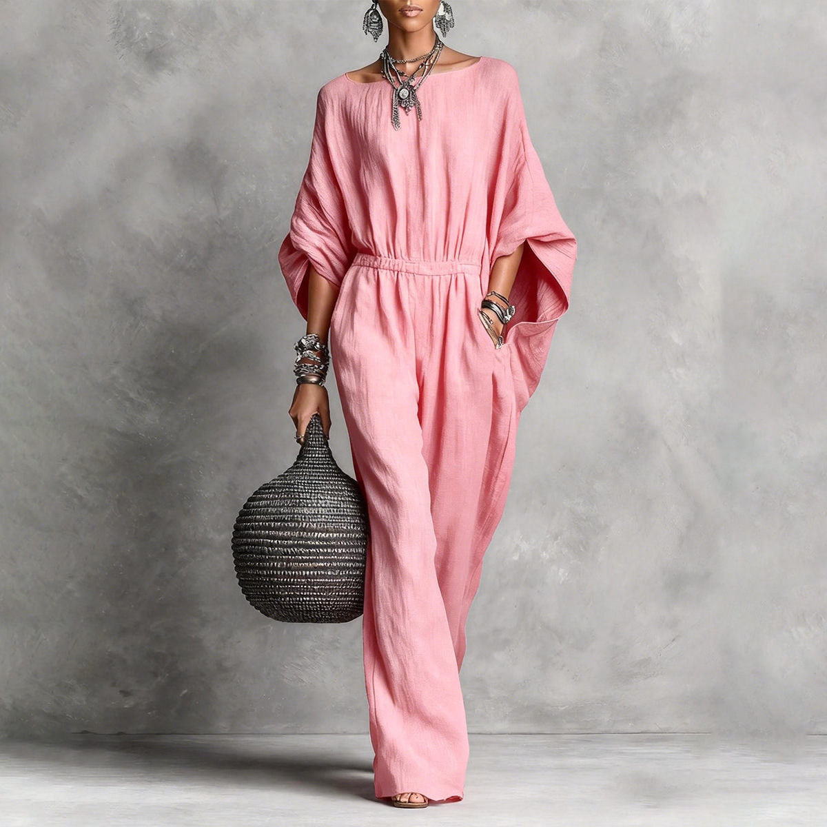 Women's Summer High Waist Batwing Sleeve Wide Leg Jumpsuit