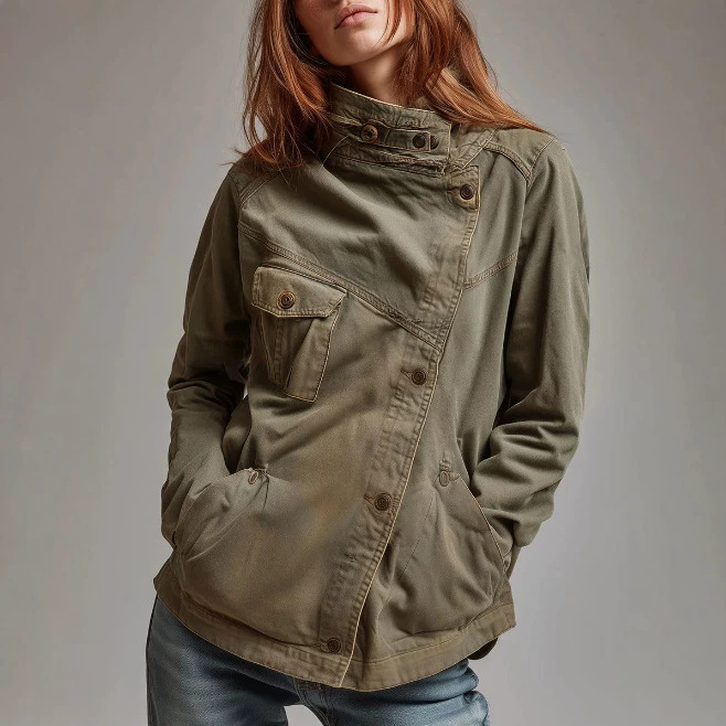 Vintage Stand Collar Asymmetrical Button Pocket Jacket