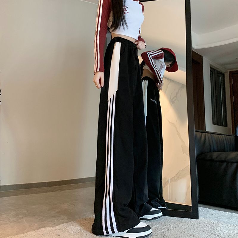 American Retro Striped Wide-Leg Sweatpants for Women, High Street Lazy Straight-Leg Casual Pants