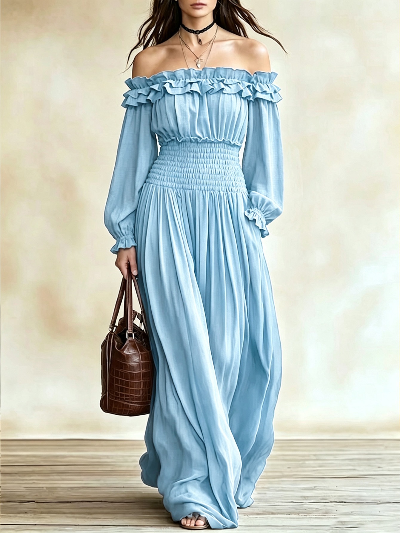 Women's Off-Shoulder Ruffle Long Sleeve Waist-Cinching Midi Dress