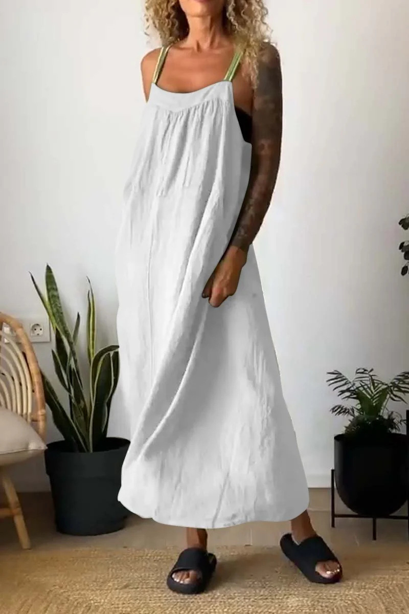 Women's Cotton Linen Sleeveless Pinafore Dress Casual Solid Color Long Dress